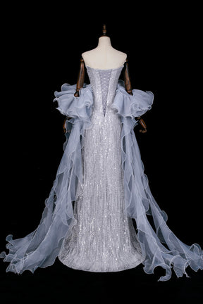 Gray Blue Strapless Sequin Mermaid Evening Gown with Ruffled Tulle Cape
