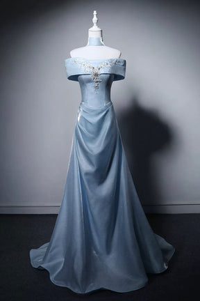 Blue Off-the-Shoulder Satin A-Line Prom Formal Gown