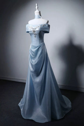 Blue Off-the-Shoulder Satin A-Line Prom Formal Gown
