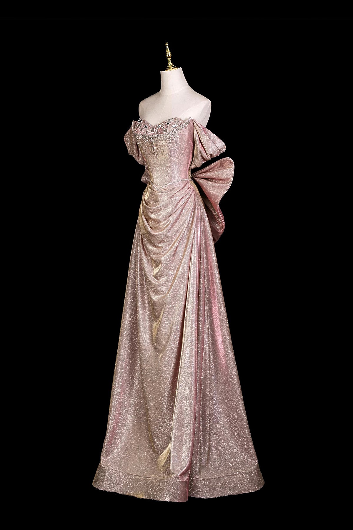 Sparkly Dusty Pink Ball Gown, Off the Shoulder Floor-Length Evening Dress