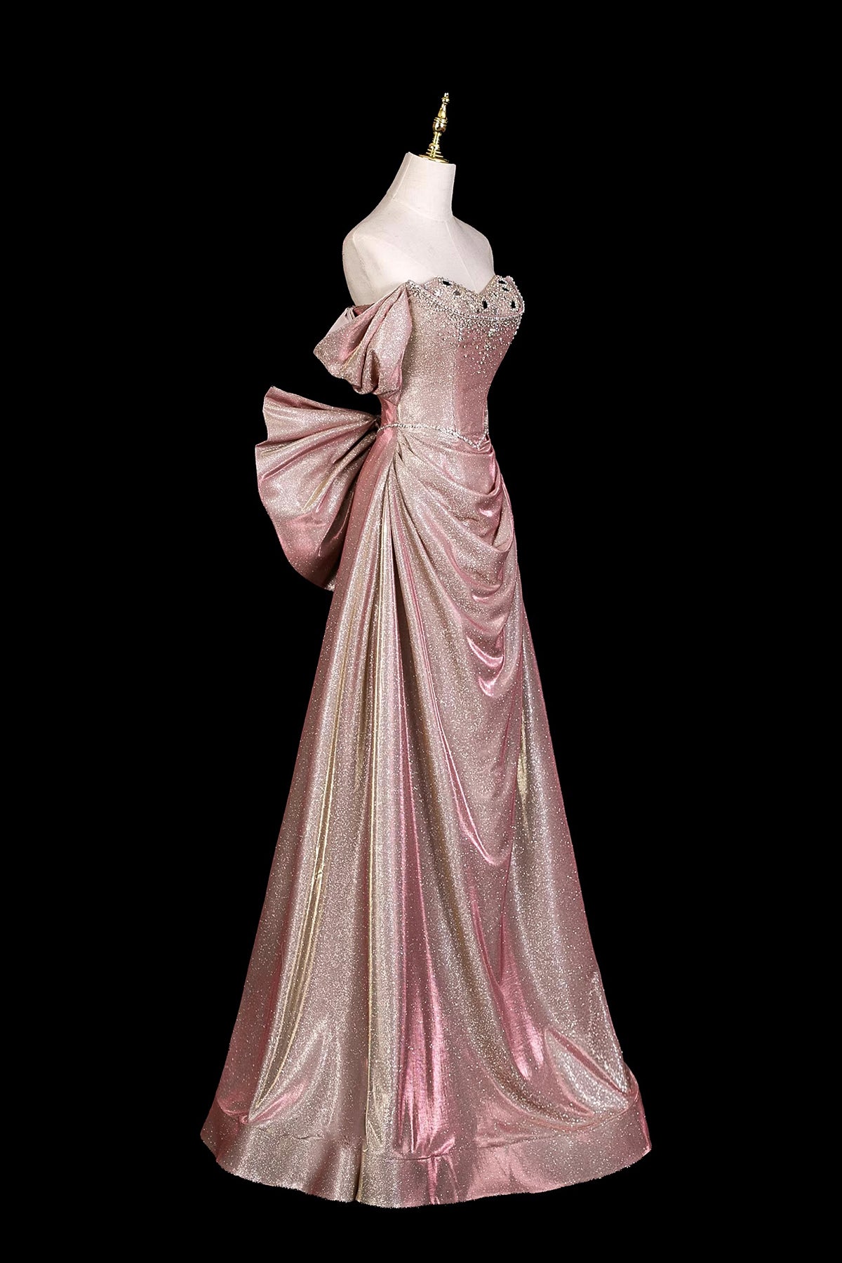 Sparkly Dusty Pink Ball Gown, Off the Shoulder Floor-Length Evening Dress