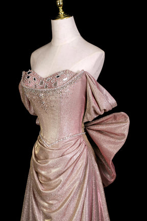 Sparkly Dusty Pink Ball Gown, Off the Shoulder Floor-Length Evening Dress
