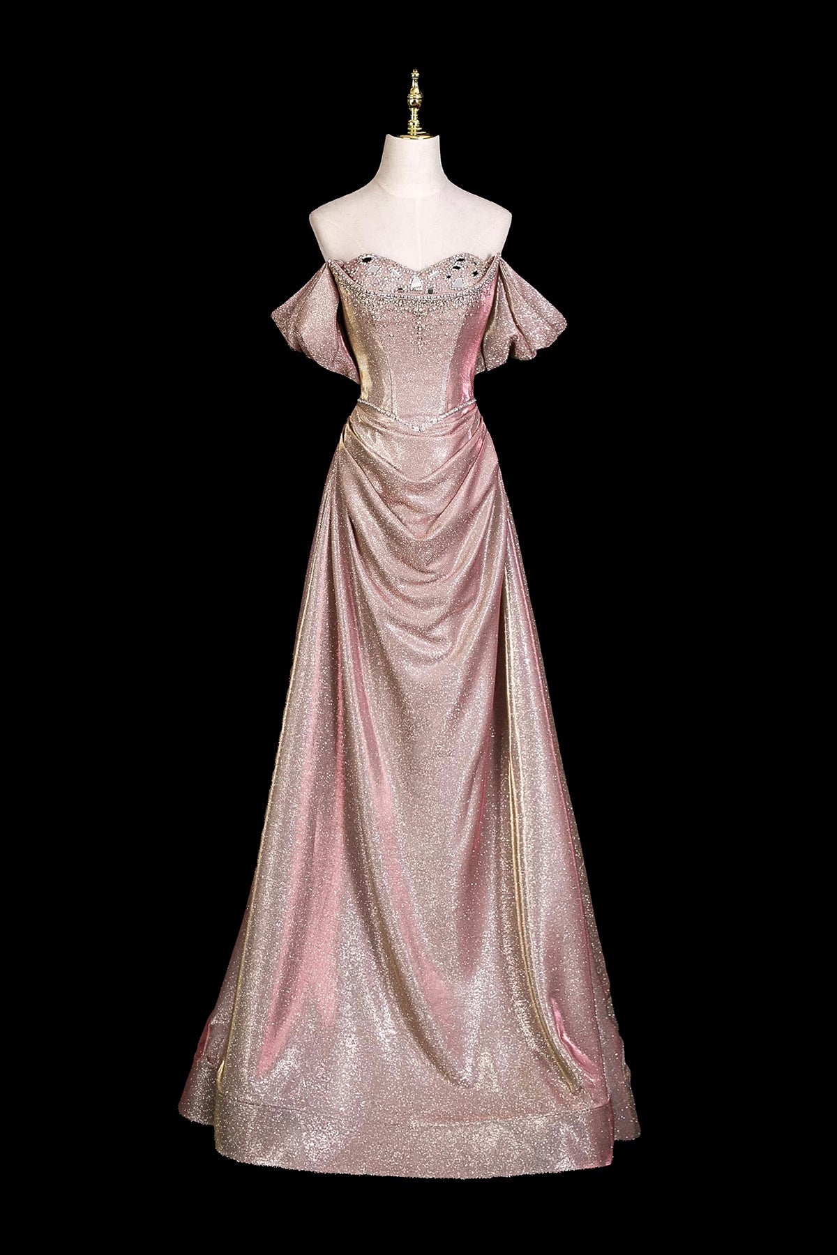Sparkly Dusty Pink Ball Gown, Off the Shoulder Floor-Length Evening Dress