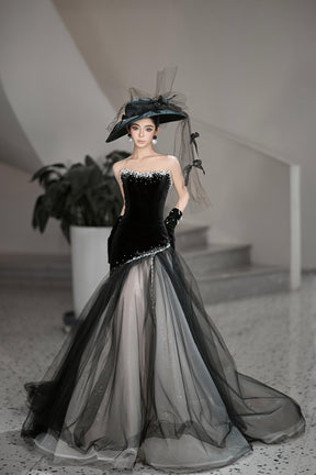 New Arrival Black Ombre Tulle Prom Dress with Velvet Top and Crystal Beading