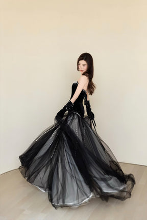 New Arrival Black Ombre Tulle Prom Dress with Velvet Top and Crystal Beading