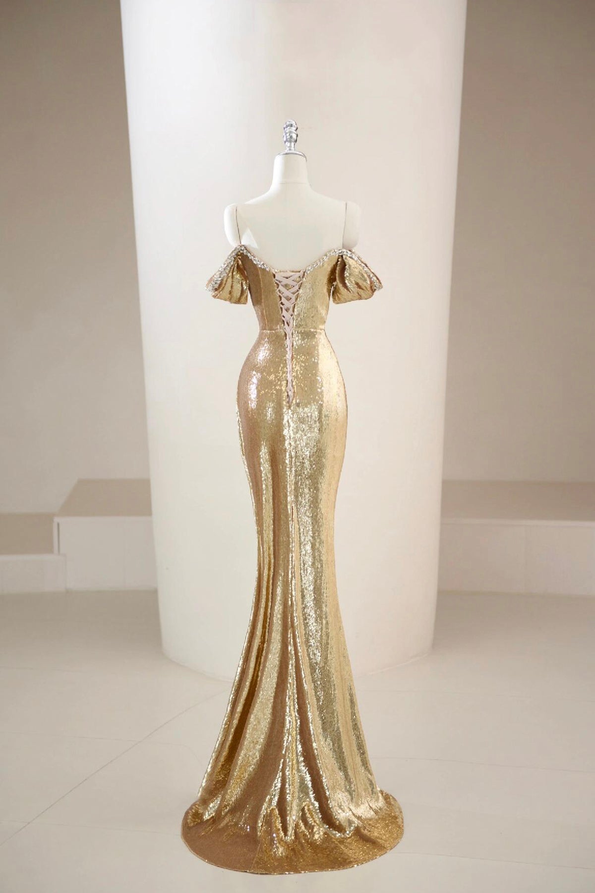 Gold Sequin Off-the-Shoulder Mermaid Evening Gown with Beaded Trim