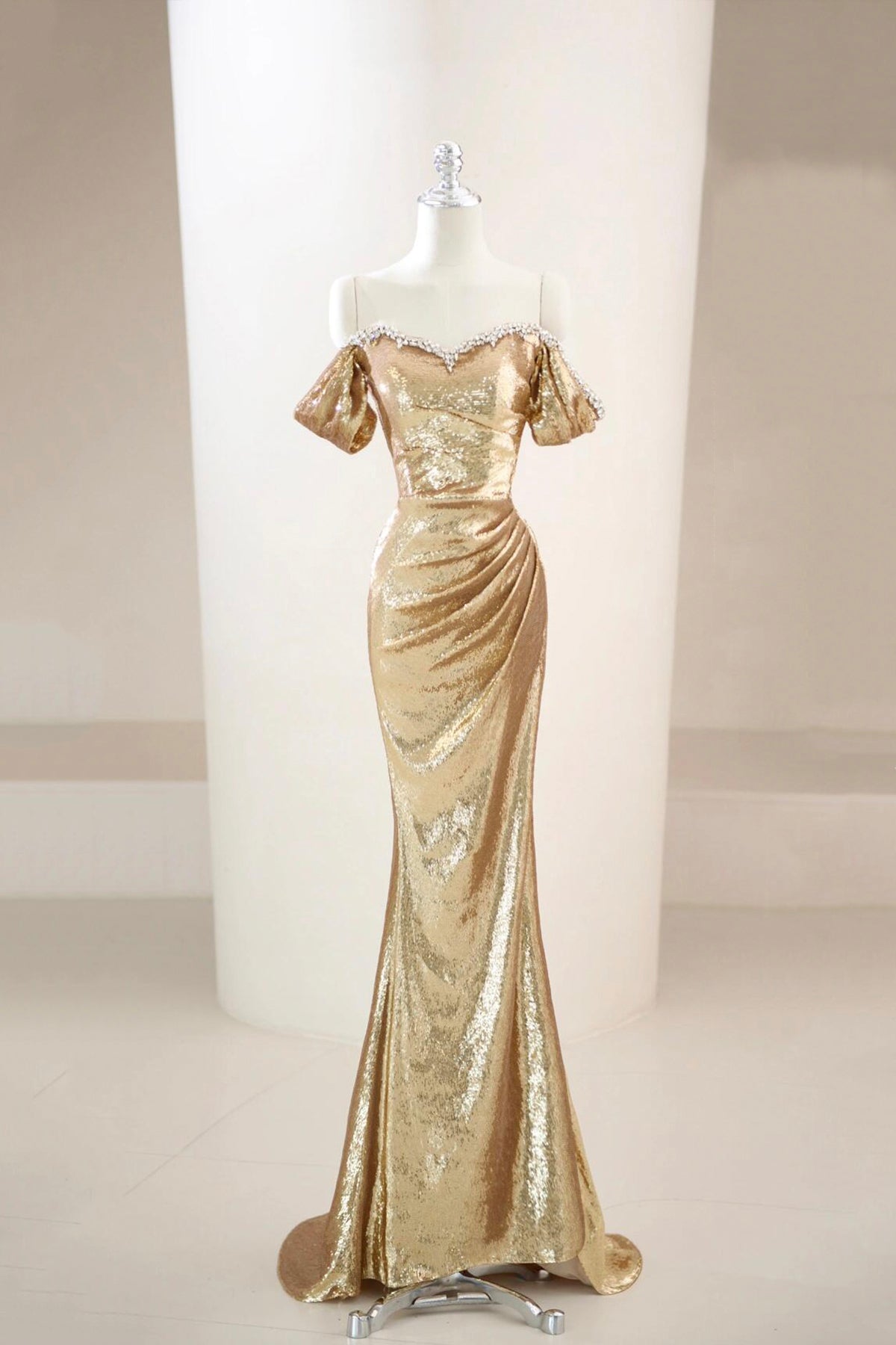 Gold Sequin Off-the-Shoulder Mermaid Evening Gown with Beaded Trim