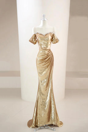 Gold Sequin Off-the-Shoulder Mermaid Evening Gown with Beaded Trim