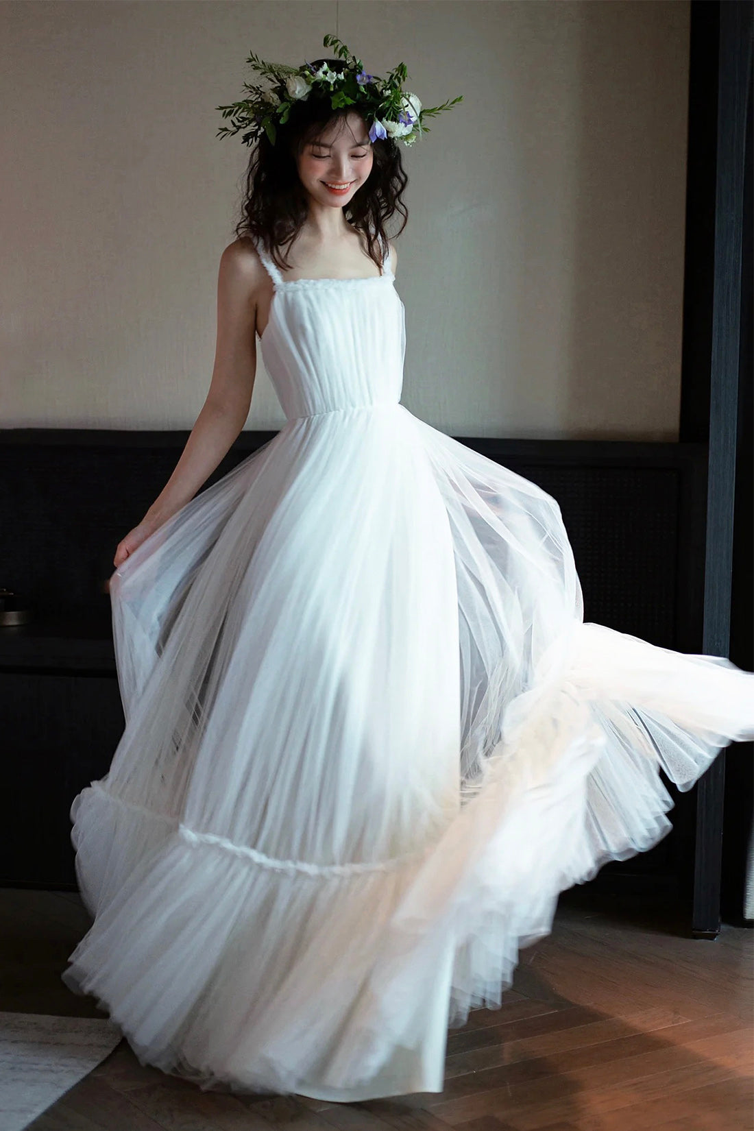White Tulle Spaghetti Straps Floor Length Party Dress, White Evening P White Tulle Spaghetti Straps Floor Length Party Dress, White Evening P