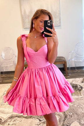 Pink Short Graduation Dress, Cute A-line Sweetheart Satin Pink Homecoming Dress