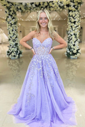 Lavender Appliques Lace-Up Tulle Party Dress, Beautiful A-line Prom Dr