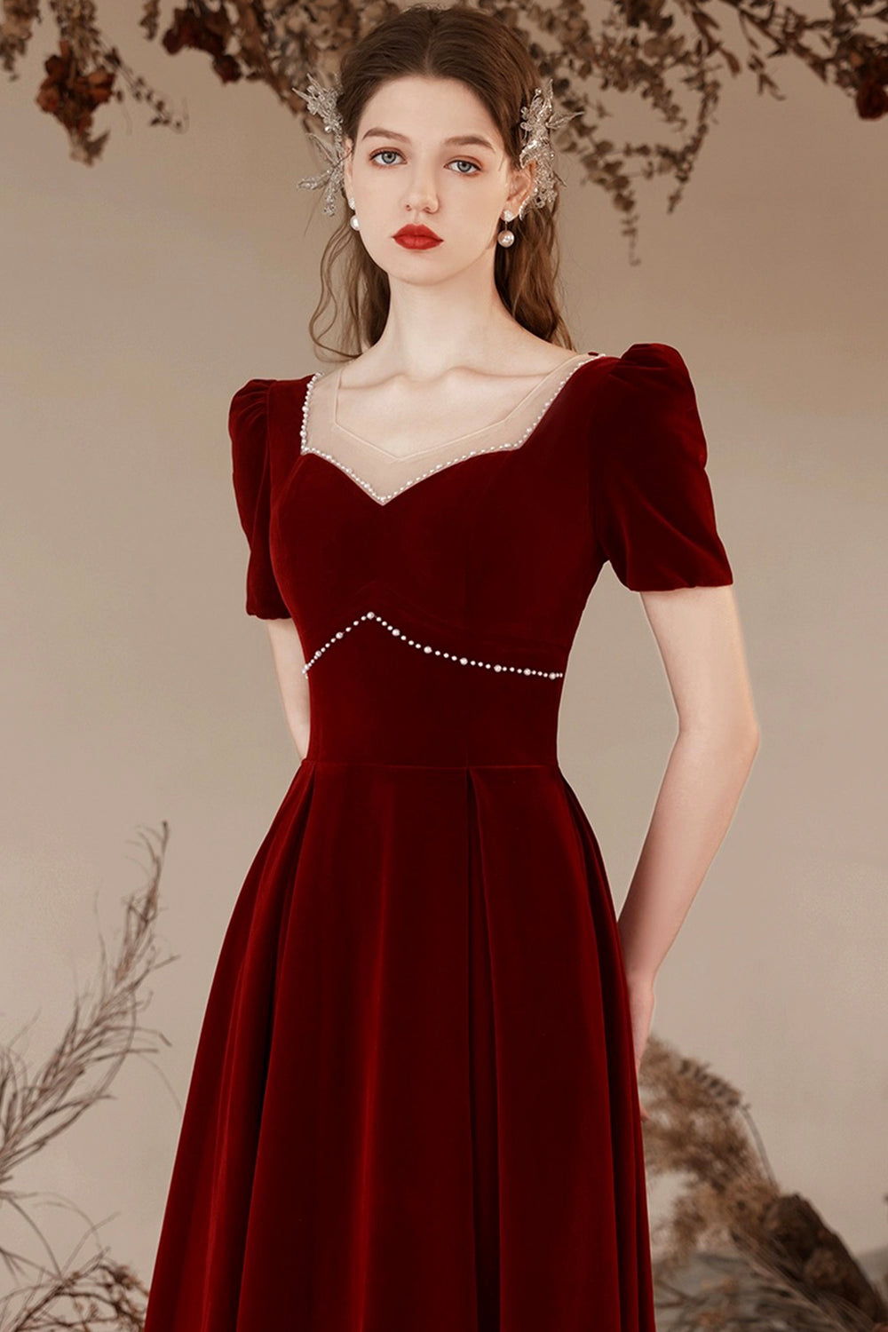 burgundy velvet prom dress