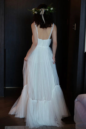 White Tulle Spaghetti Straps Floor Length Party Dress, White Evening Prom Dress