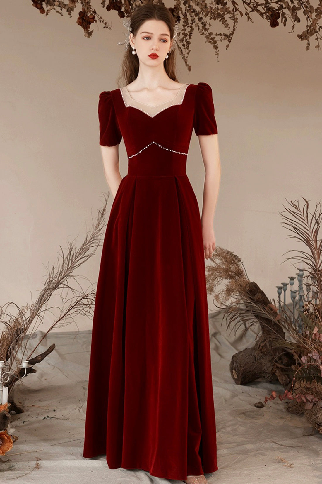 Burgundy Velvet Long Prom Dress with Pearls, Burgundy Elegant Evening Dress