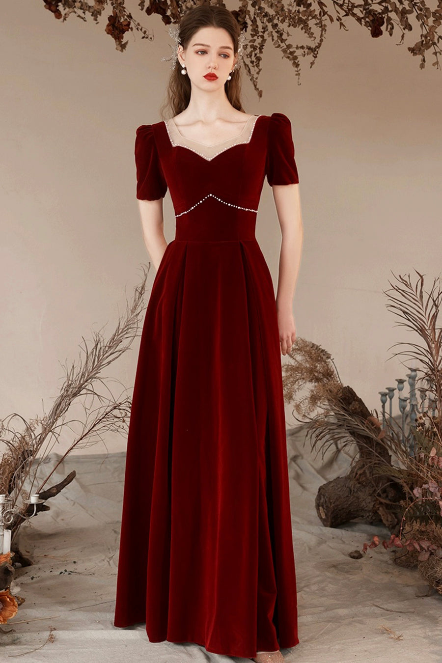 2021 Burgundy Velvet Long Prom Dress formal dress    cg20390    cg20390 main image 0