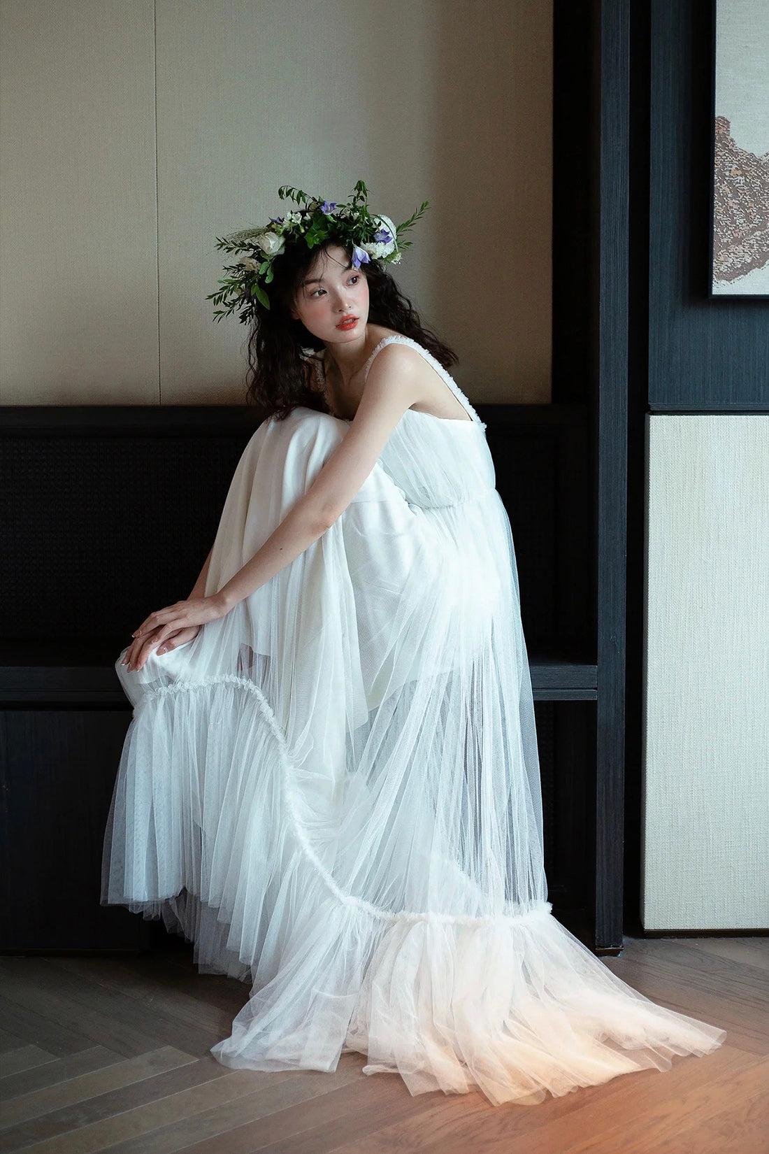 White Tulle Spaghetti Straps Floor Length Party Dress, White Evening P White Tulle Spaghetti Straps Floor Length Party Dress, White Evening P