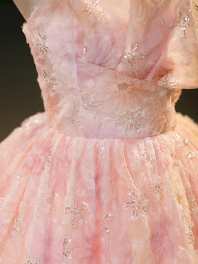 Pink Flower Long Princess Dress, Pink Strapless Formal Evening Dress