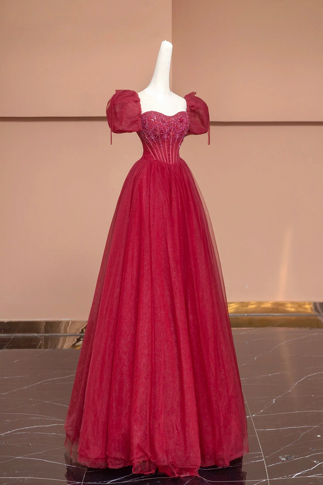 Burgundy Tulle Beaded Floor Length Prom Dress, A-Line Short Sleeve Evening Dress
