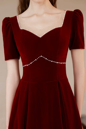 Burgundy Velvet Long Prom Dress with Pearls, Burgundy Elegant Evening Dress