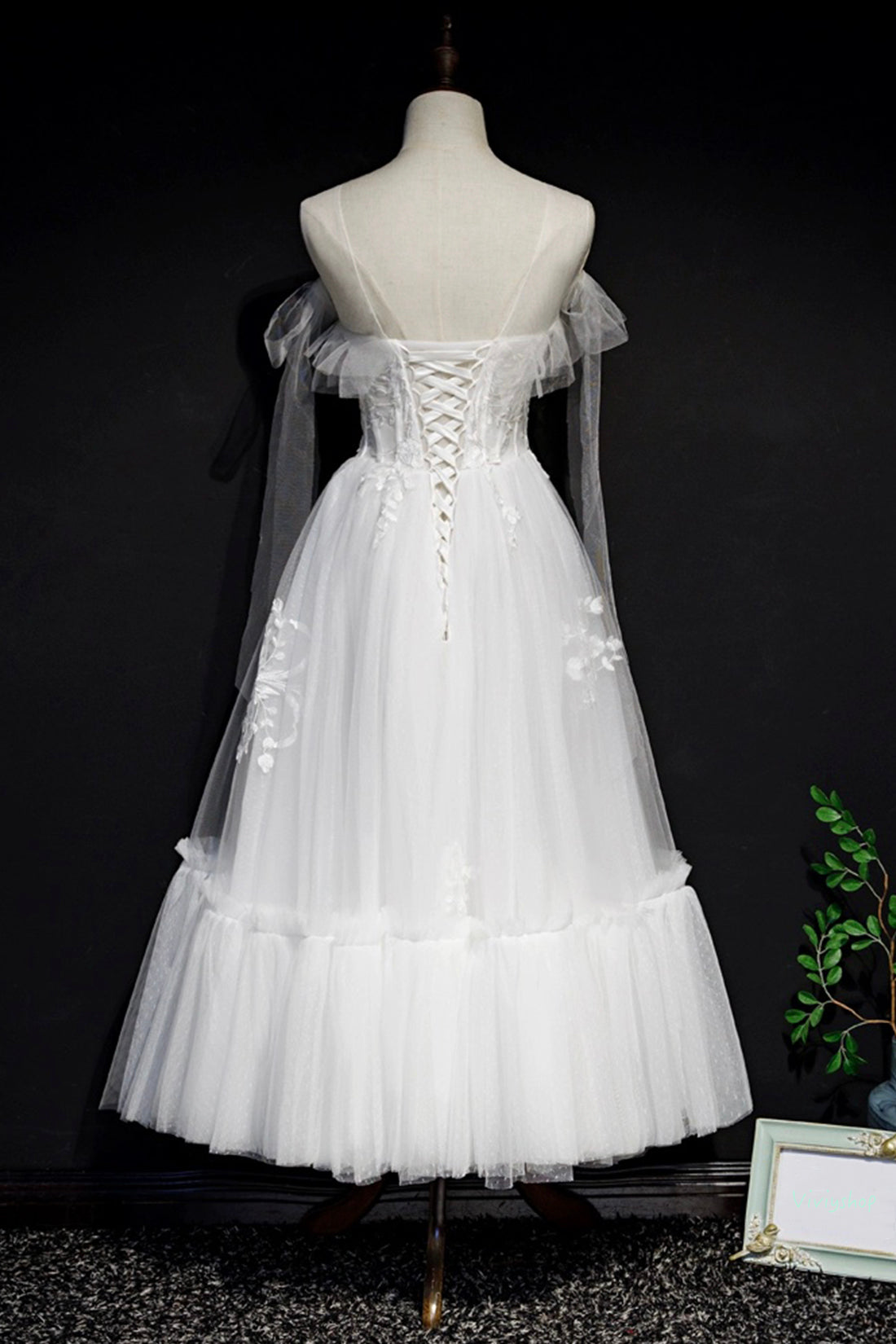 White Lace A-Line Tea Length Prom Dress