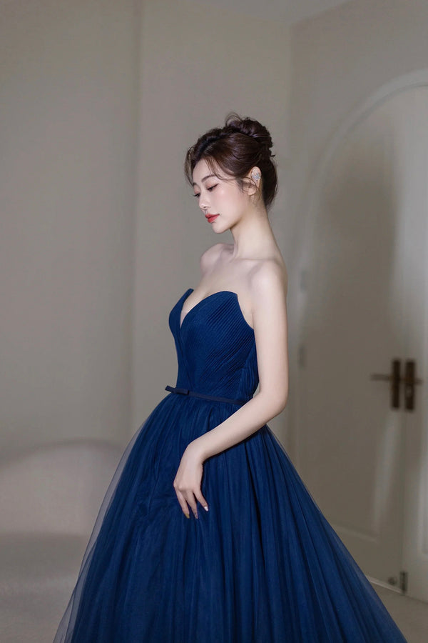 Blue Strapless Tulle Long Formal Dresses SYP168