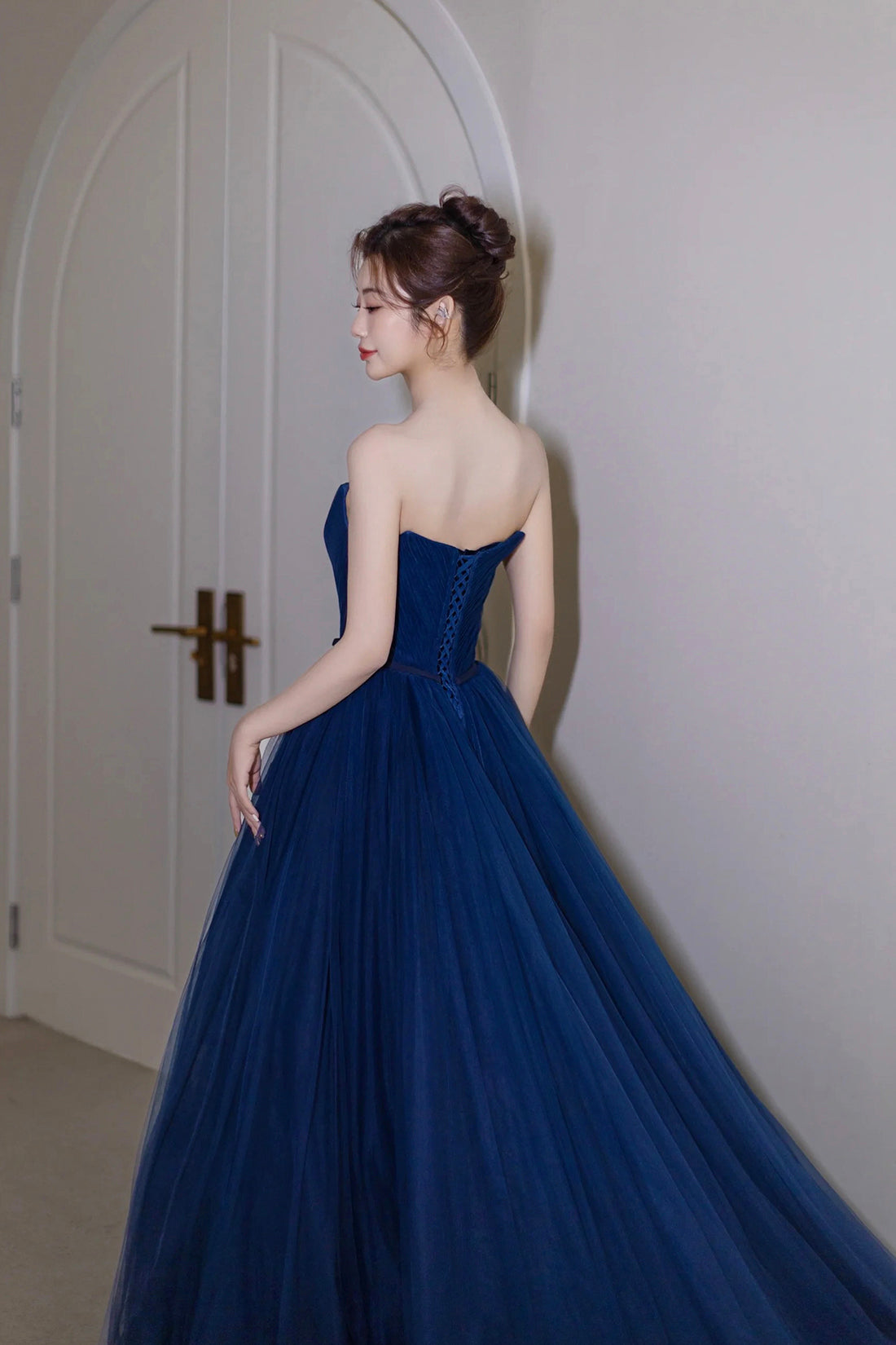 Blue Strapless Tulle Long Formal Dress, A-Line Sweetheart Neckline Eve Blue Strapless Tulle Long Formal Dress, A-Line Sweetheart Neckline Eve
