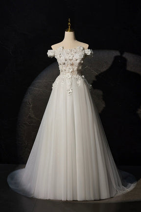 White A-line Off the Shoulder Flowers and Tulle Formal Dress, Beautiful Long Evening Party Dress