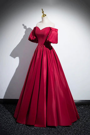 Burgundy Satin Floor Length A-Line Prom Dress, Off the Shoulder Evening Party Dress