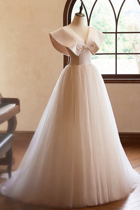 Lovely Champagne Long Prom Dresses, A-Line Princess V-Neck Bow Sleeveless Backless Formal Dresses