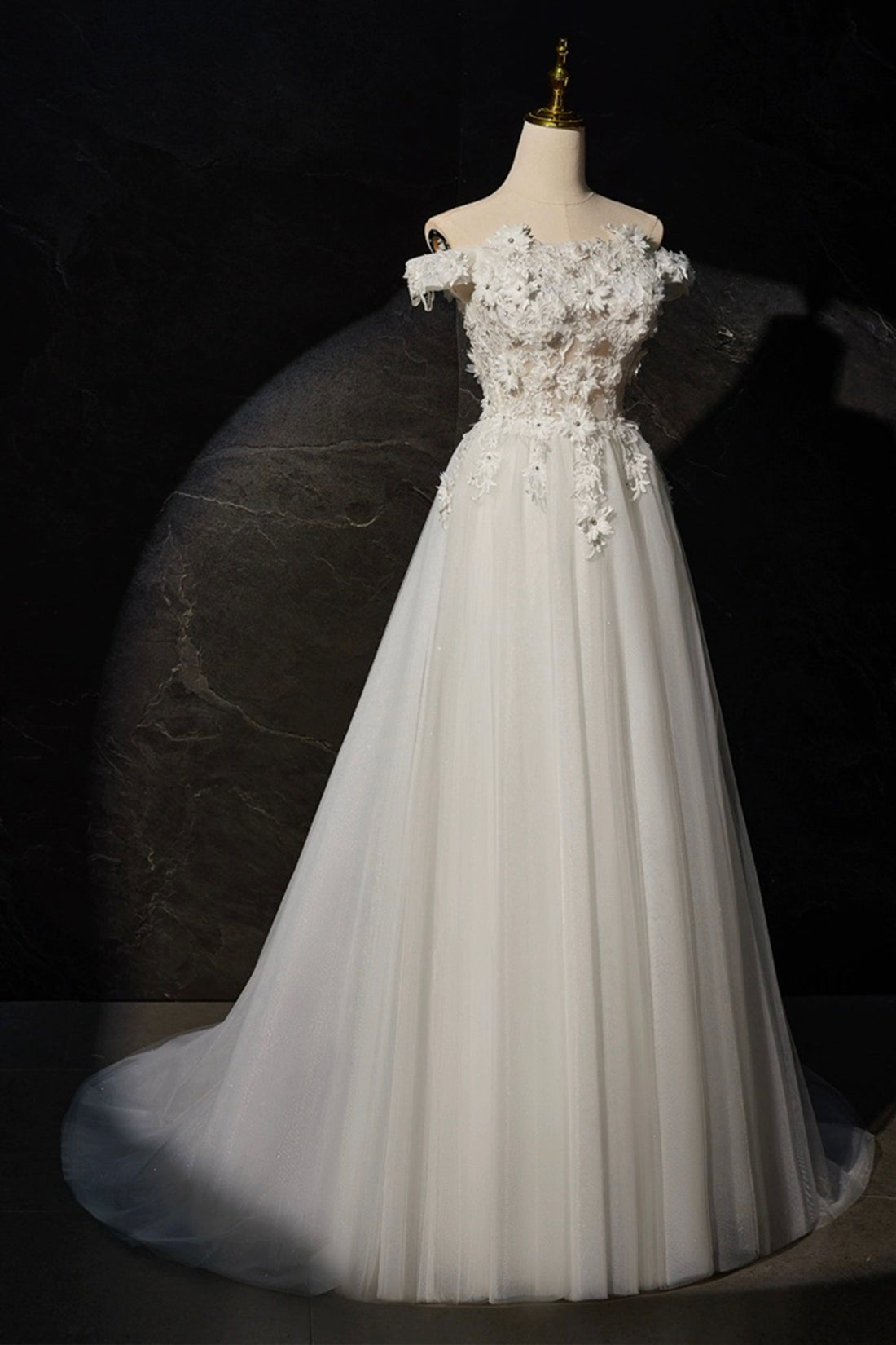 White A-line Off the Shoulder Flowers and Tulle Formal Dress, Beautiful Long Evening Party Dress