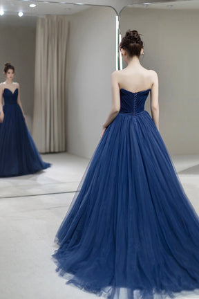 Blue Strapless Tulle Long Formal Dress, A-Line Sweetheart Neckline Evening Dress