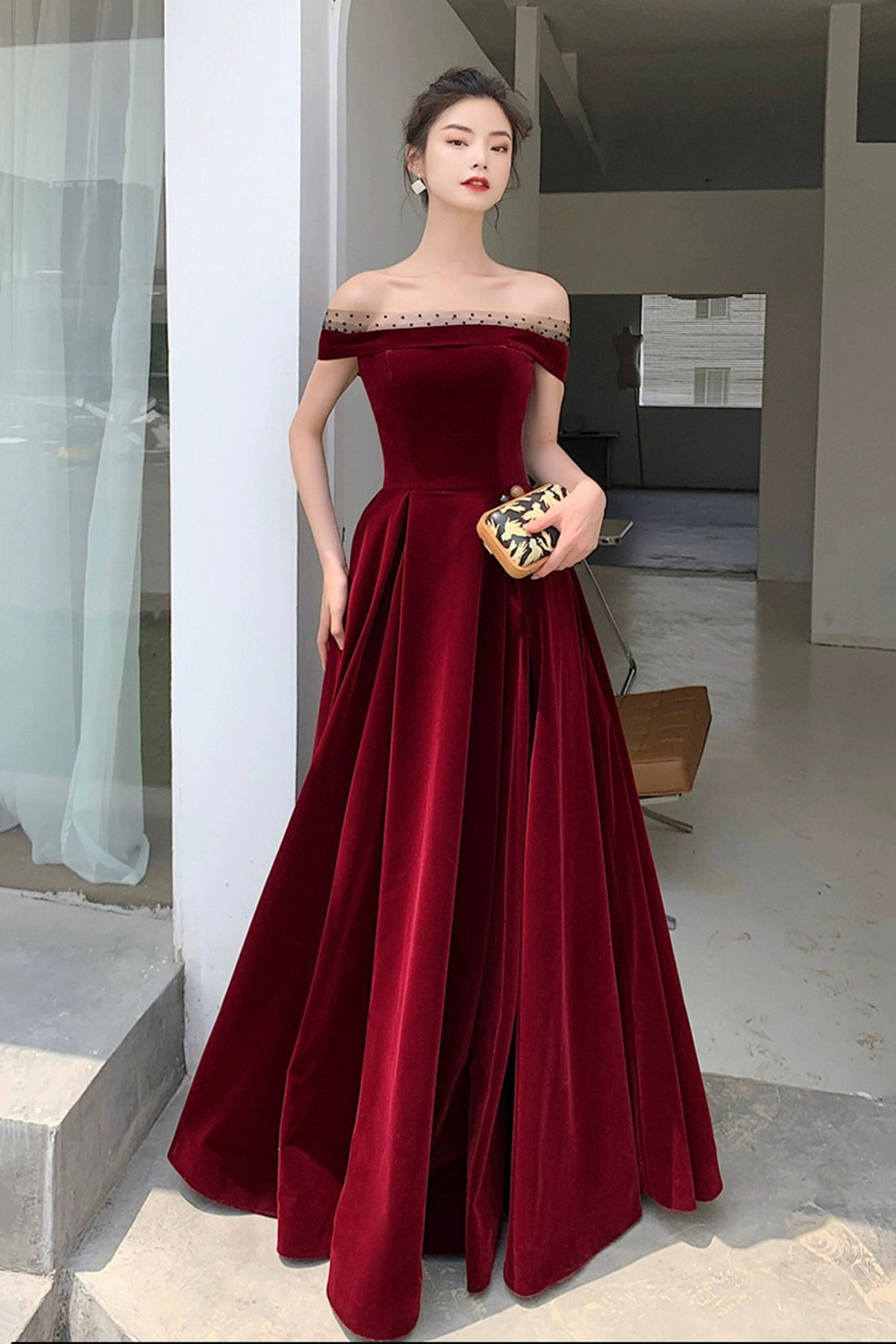 Burgundy Velvet Floor Length Prom Dress, Beautiful A-Line Evening Part Burgundy Velvet Floor Length Prom Dress, Beautiful A-Line Evening Part