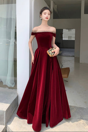 Burgundy Velvet Floor Length Prom Dress, Beautiful A-Line Evening Party Dress