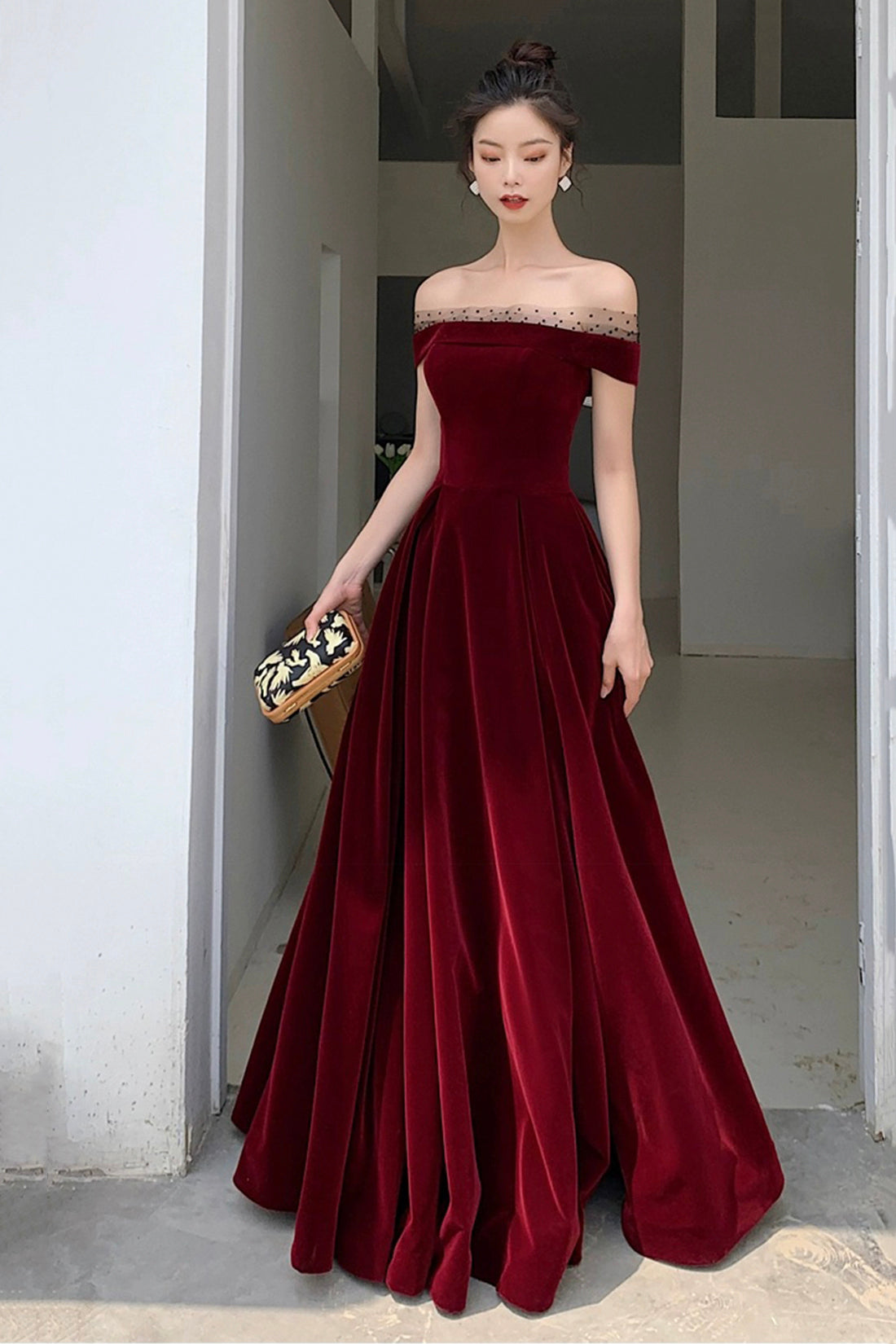 Burgundy Velvet Floor Length Prom Dress, Beautiful A-Line Evening Part Burgundy Velvet Floor Length Prom Dress, Beautiful A-Line Evening Part