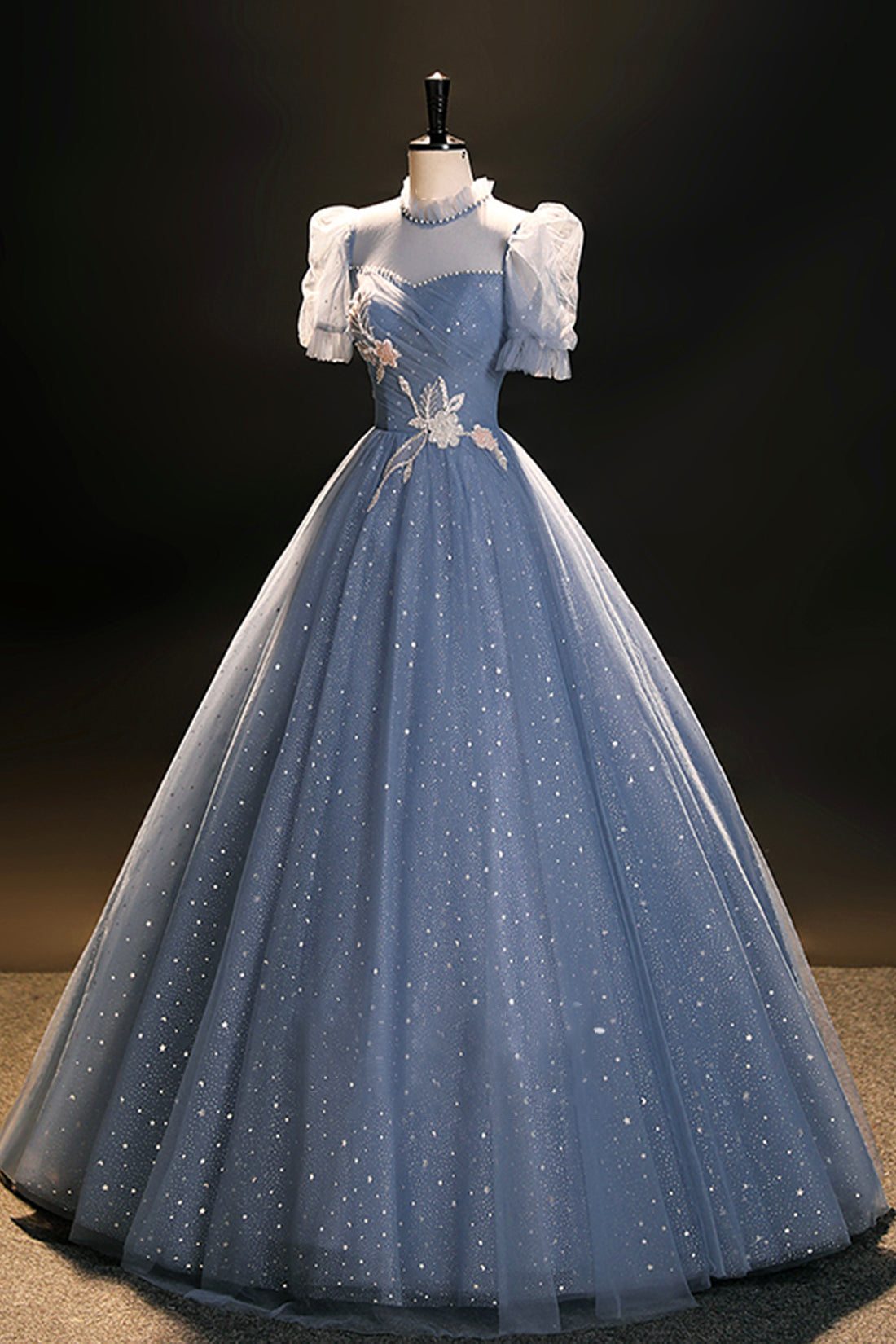 Blue Tulle Floor Length Prom Dress, A-Line Short Sleeve Evening Dress Blue Tulle Floor Length Prom Dress, A-Line Short Sleeve Evening Dress