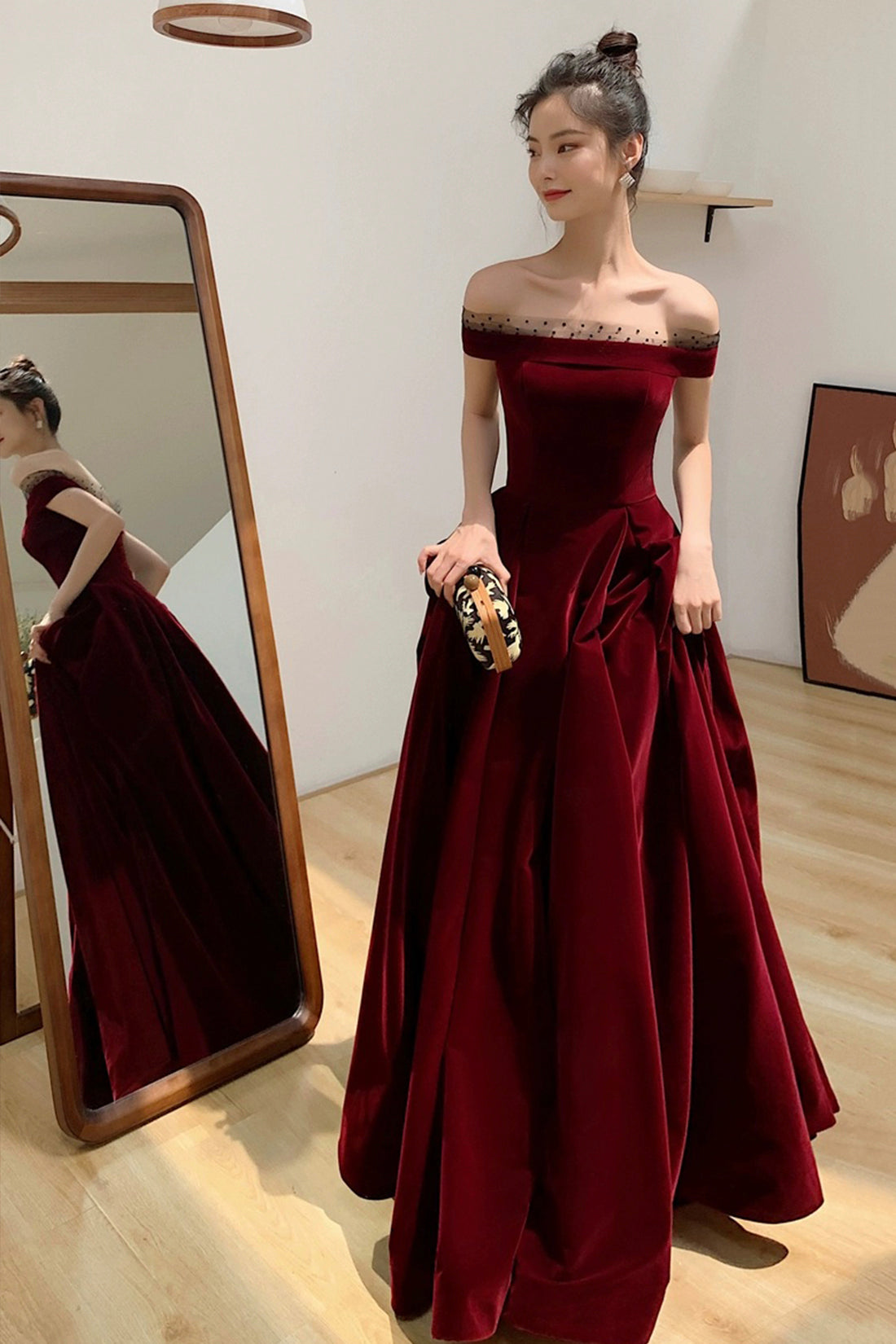 Burgundy Velvet Floor Length Prom Dress, Beautiful A-Line Evening Party Dress