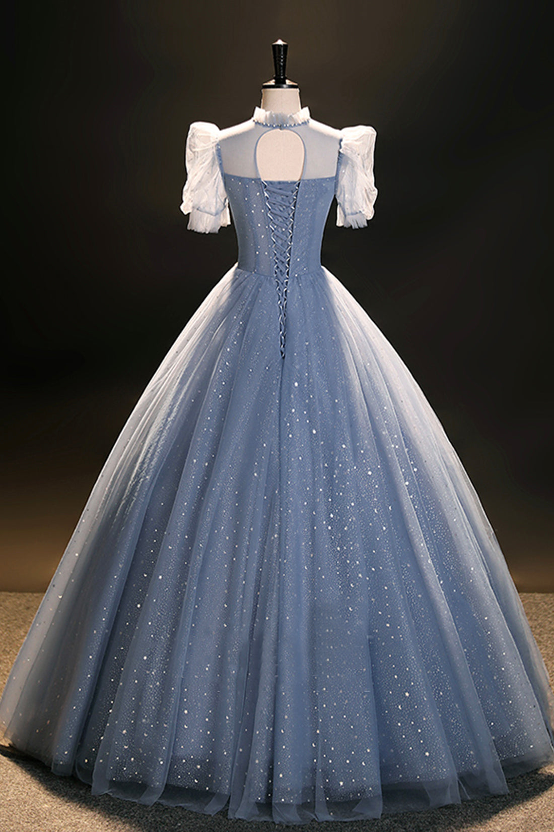 Blue Tulle Floor Length Prom Dress, A-Line Short Sleeve Evening Dress