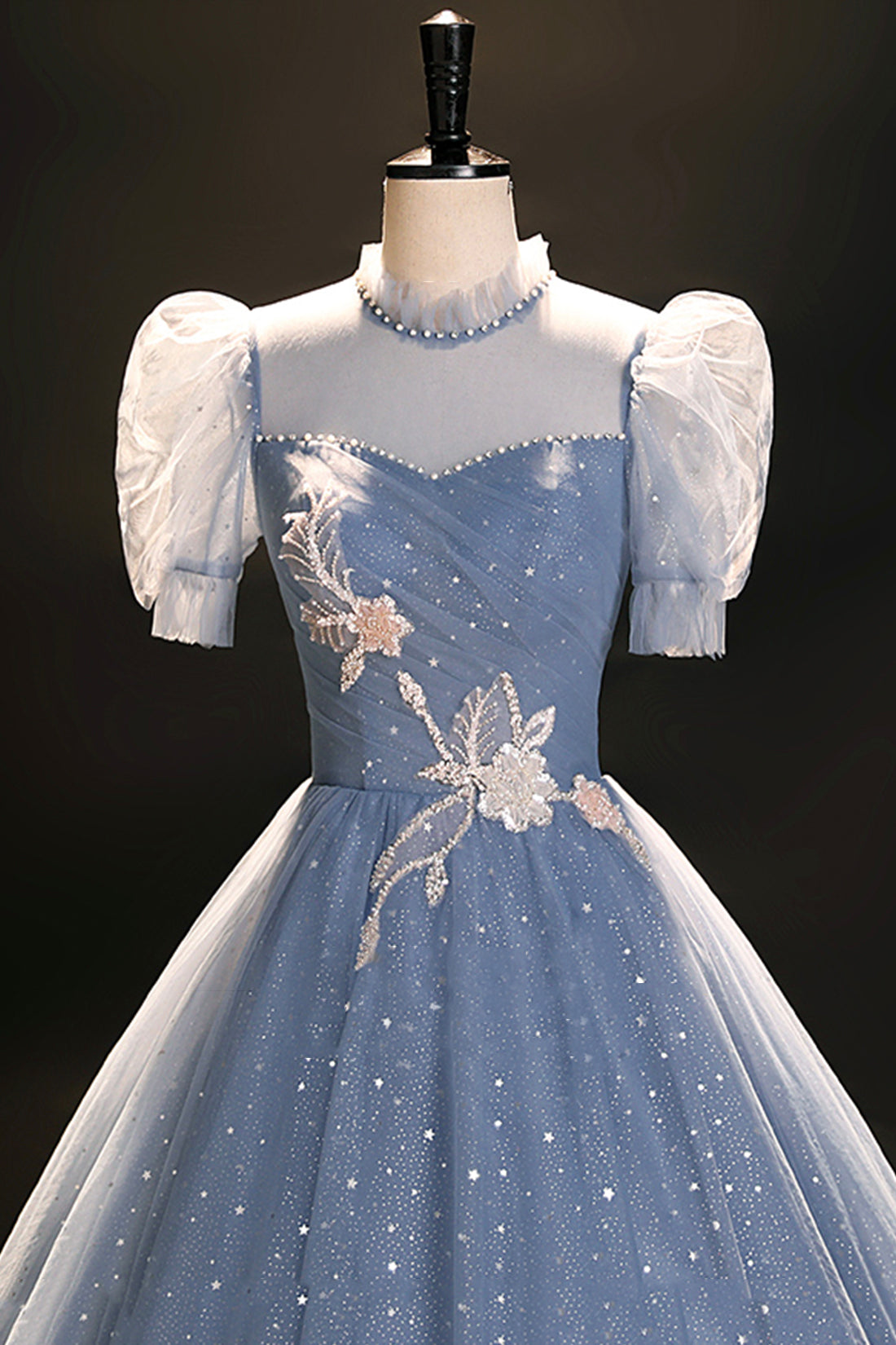 Blue Tulle Floor Length Prom Dress, A-Line Short Sleeve Evening Dress