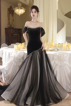 Luxury Black Tulle Mermaid Prom Dress Pearl Beaded Off Shoulder Evening Gown
