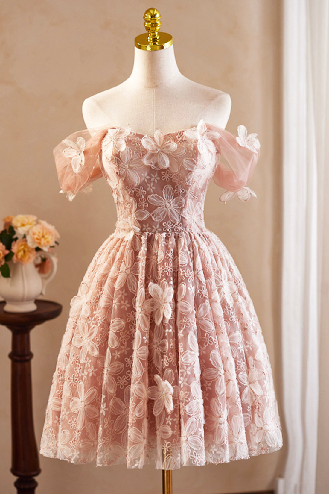 Beautiful Tulle Flower Knee Length Prom Dress, Off the Shoulder Short Sleeve Evening Party Dress