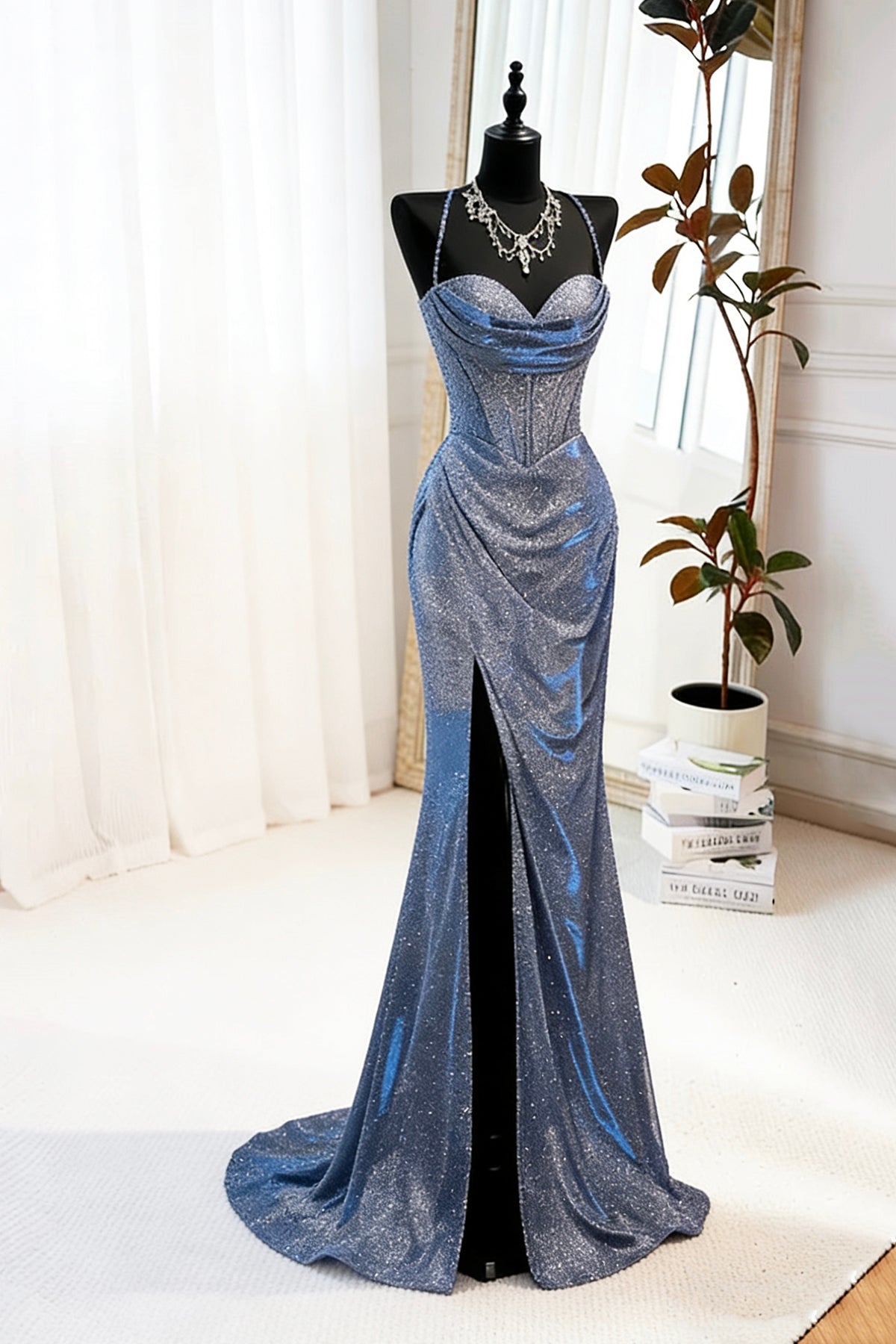 Navy Blue Glitter Mermaid Gown with Crisscross Back, Sparkly Formal Evening Dress