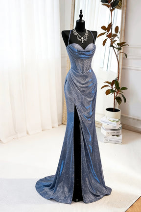Navy Blue Glitter Mermaid Gown with Crisscross Back, Sparkly Formal Evening Dress