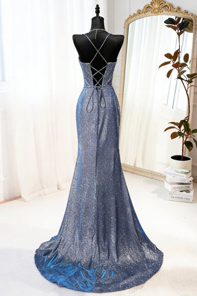 Navy Blue Glitter Mermaid Gown with Crisscross Back, Sparkly Formal Evening Dress