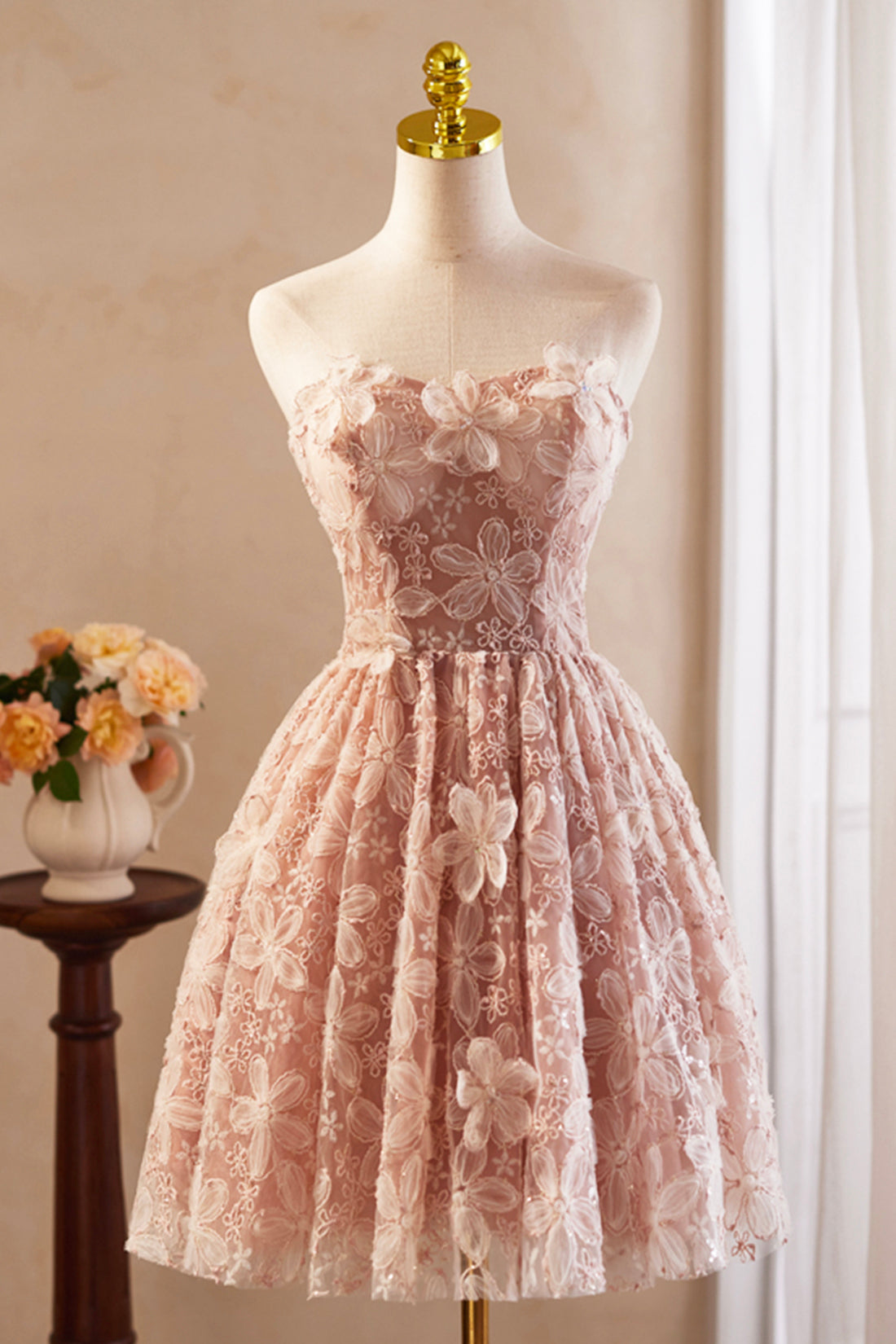 Beautiful Tulle Flower Knee Length Prom Dress, Off the Shoulder Short Sleeve Evening Party Dress