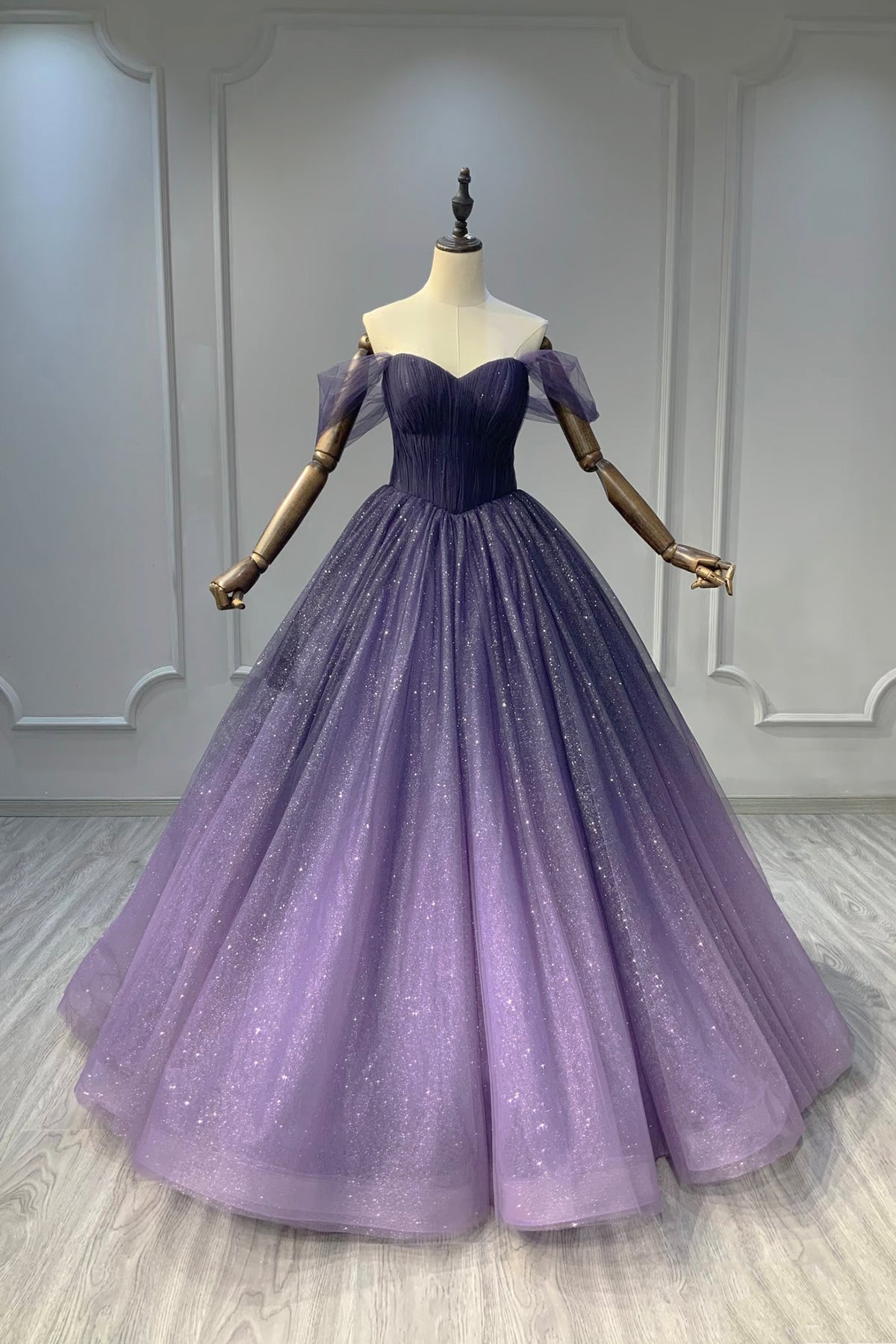 Beautiful Ombre Purple Sparkle Evening Gown, Off Shoulder Princess Prom Dress