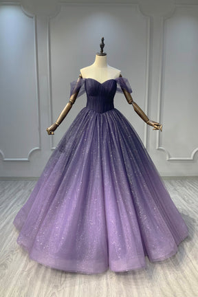 Beautiful Ombre Purple Sparkle Evening Gown, Off Shoulder Princess Prom Dress