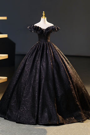Black Floor Length V-neck Off the Shoulder Formal Dress, Black A-Line Evening Dress