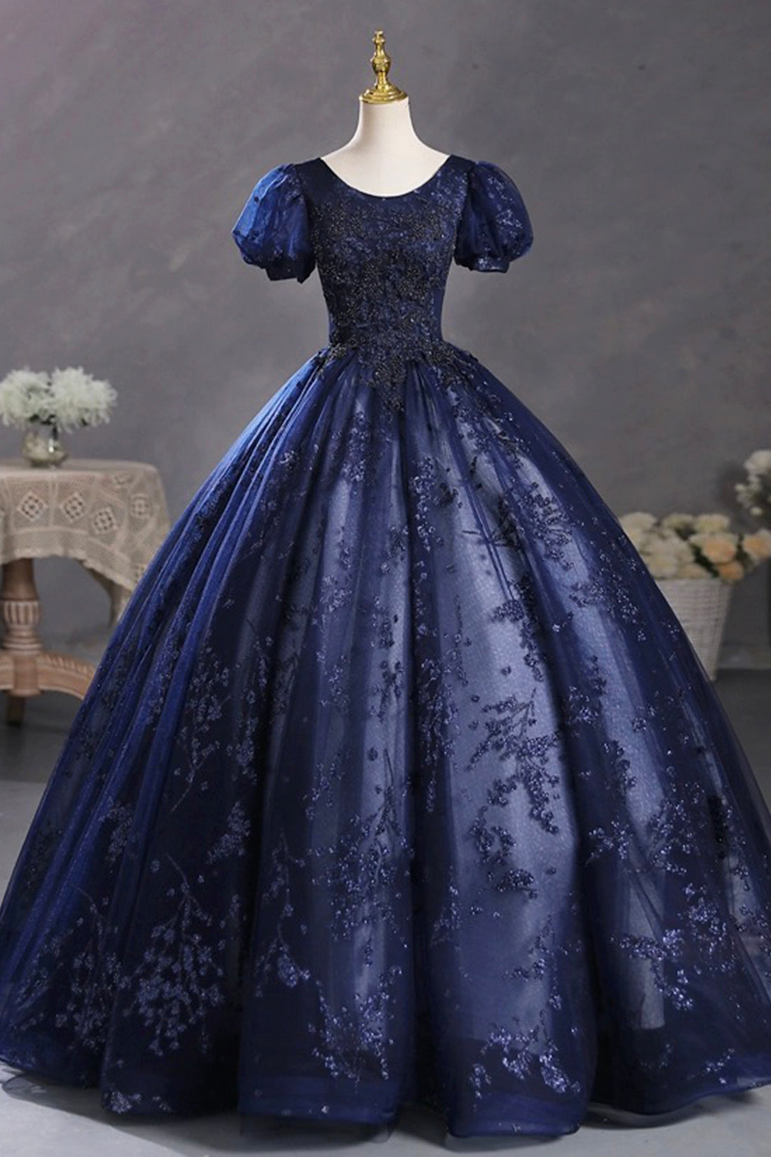 Blue Tulle Sequins Long Formal Dress, A-Line Short Sleeve Evening Party Dress