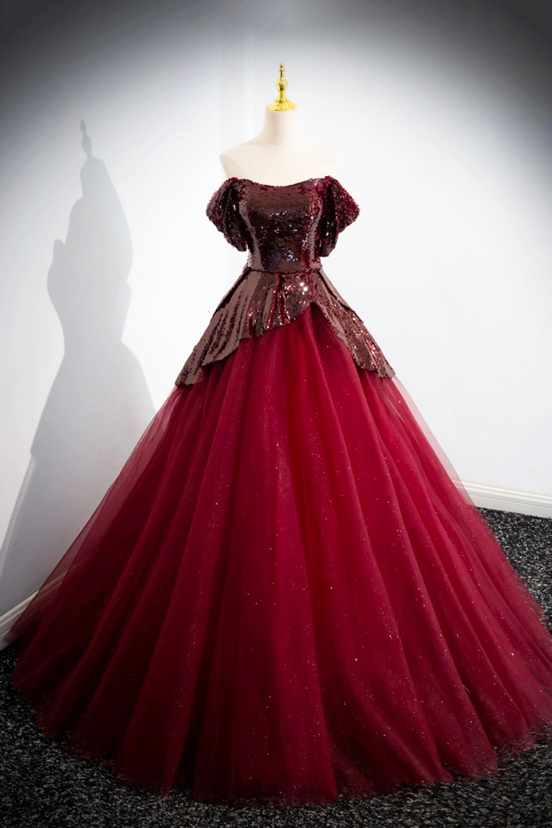 Burgundy Sequins Tulle Long Prom Dress, Elegant A-Line Evening Dress