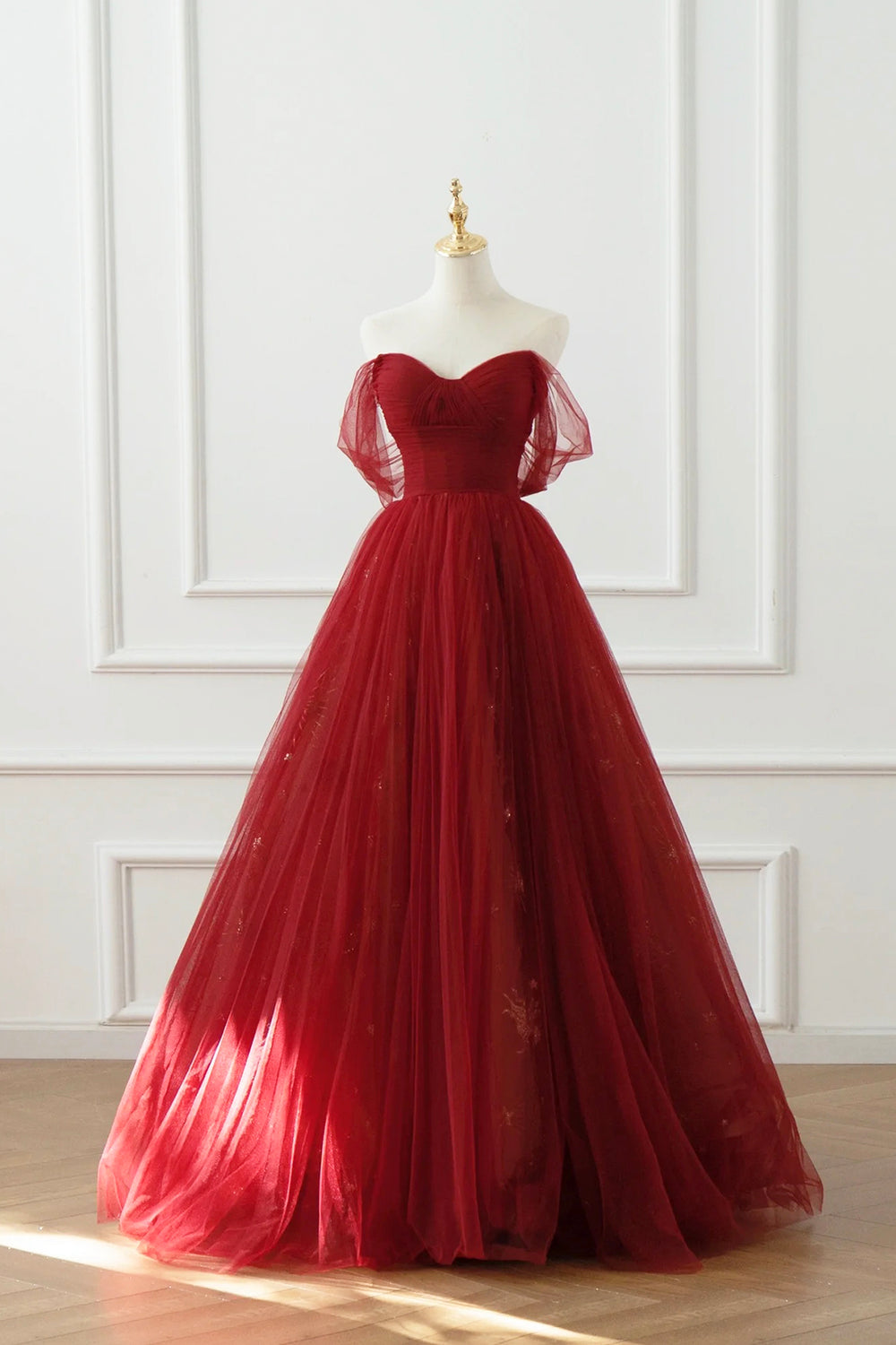 Burgundy A Line Off The Shoulder Midi Formal Dress